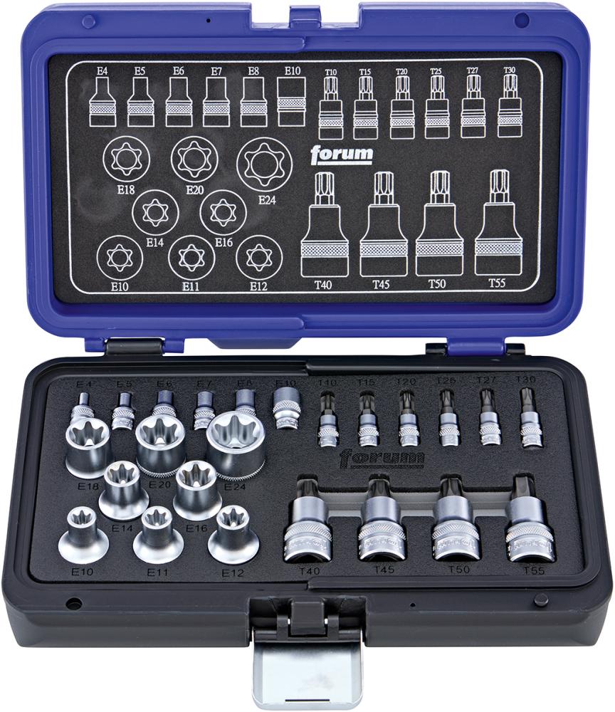 Steckschlüssel-/Schraubendreher-Einsatz-Garnitur 1/4" und 1/2" für TORX®-Schrauben, 24-teilig